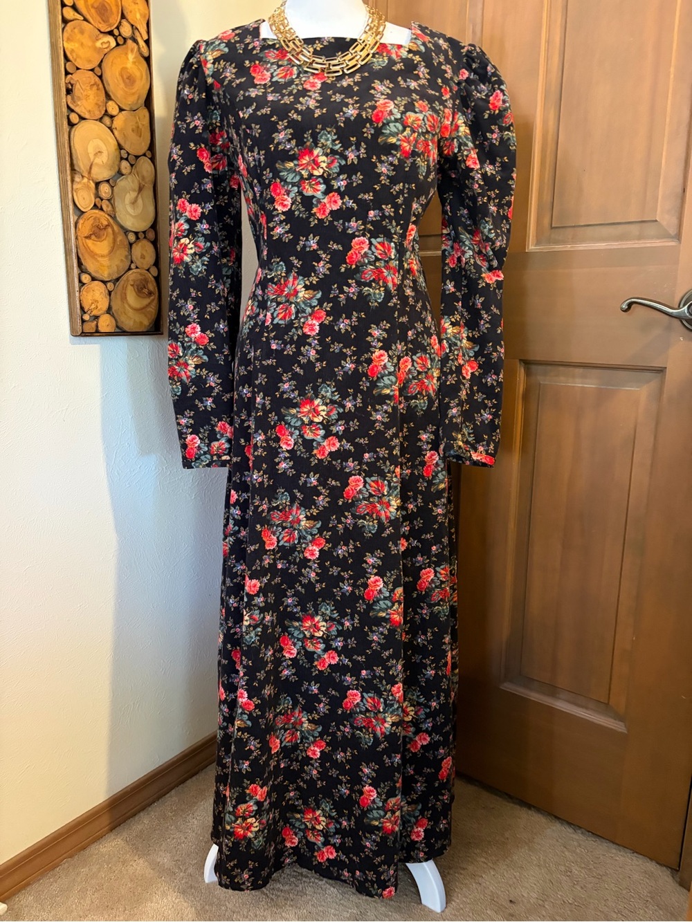 Vintage Laura Ashley Long Sleeve Maxi Dress in Black with Red Rose Print